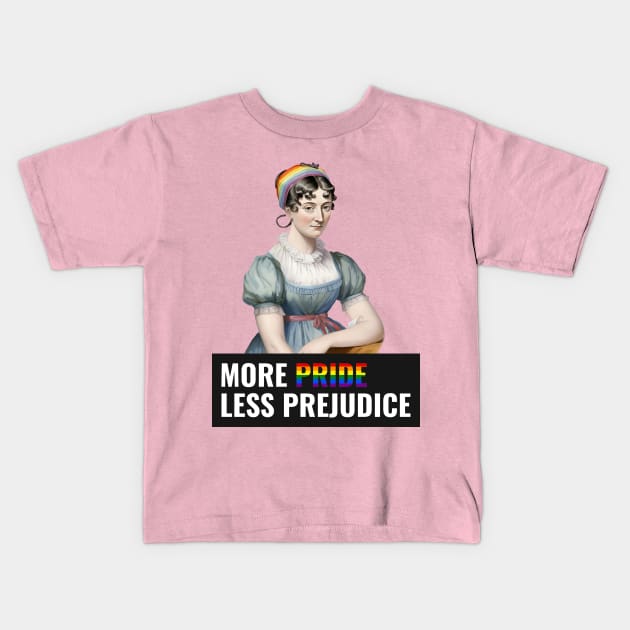 More pride less prejudice, Jane Austin pride, rainbow, LGBTQ Kids T-Shirt by One Eyed Cat Design